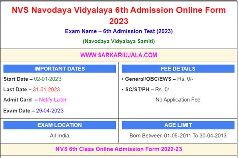 Nvs Th Navodaya Admission Online Form Sarkariujala