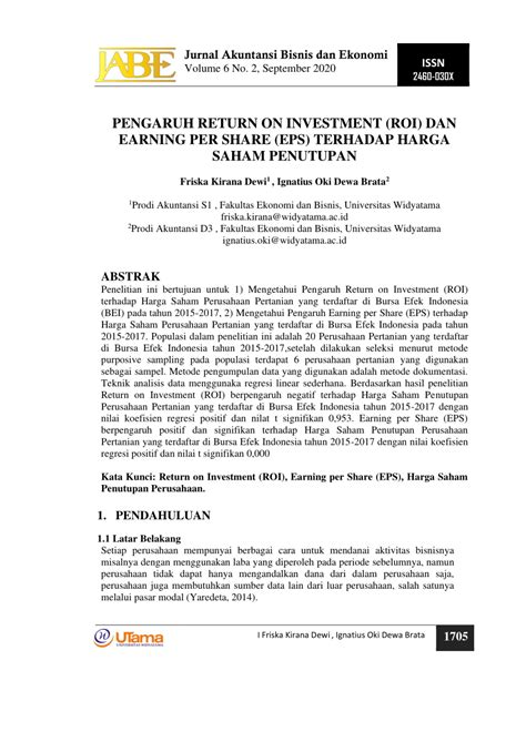 Pdf Pengaruh Return On Investment Roi Dan Earning Per Share Eps