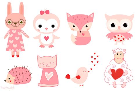 Valentine animals clipart set, Cute pink animal clip art, Love clipart ...