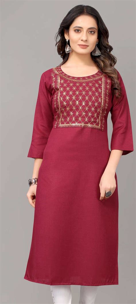 Festive Party Wear Red And Maroon Color Cotton Fabric Kurti 1819841