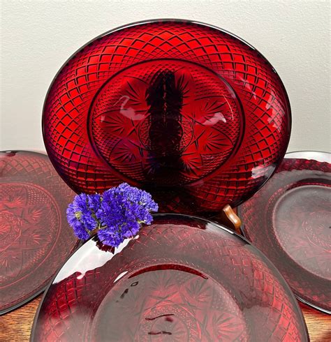 Vintage Cristal D Arques Durand France Ruby Red Glass 8 Luncheon Plates Set Of 7 Antique