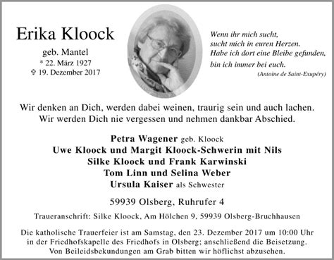 Traueranzeigen Von Erika Kloock Trauer In Nrw De