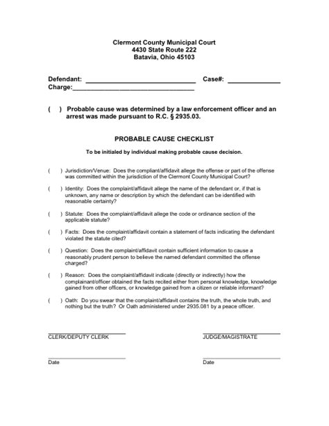 Clermont County Ohio Probable Cause Checklist Download Printable Pdf 2022 — 2024 Templateroller