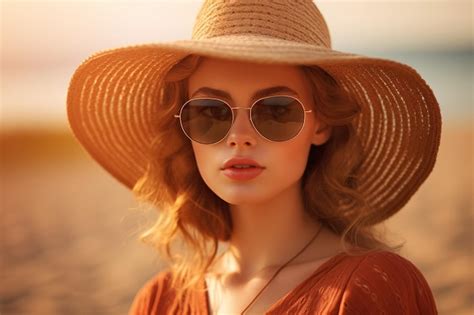 Premium Ai Image A Woman Wearing A Hat And Sunglasses Stands On A Beach