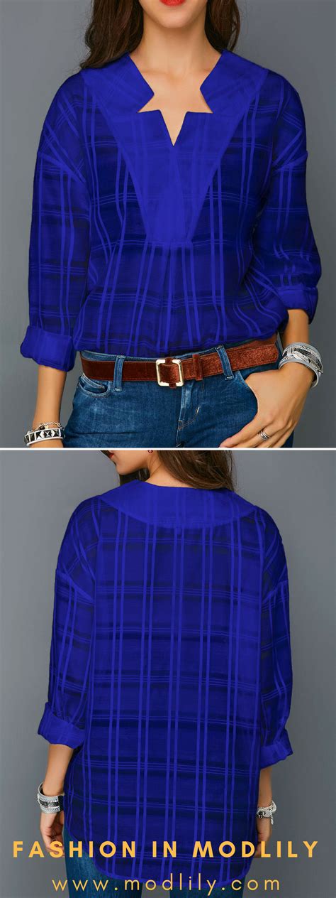 Long Sleeve Curved Hem Royal Blue Blouse On Sale Shop This Blue Blouse