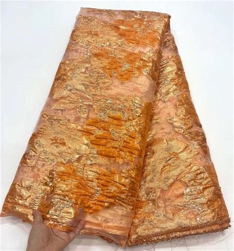 Latest Orange African Jacquard Brocade Fabric Gilding Lace Material