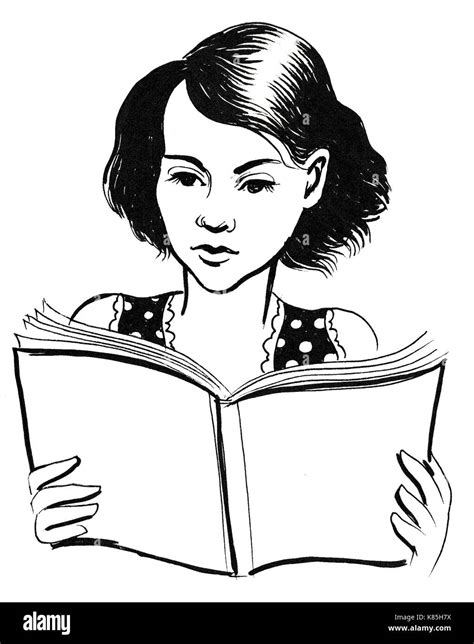 Girl reading a book. Ink black and white drawing Stock Photo - Alamy