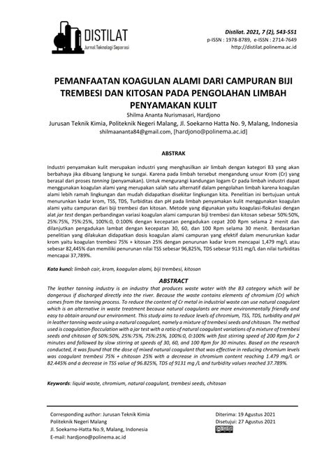 PDF PEMANFAATAN KOAGULAN ALAMI DARI CAMPURAN BIJI TREMBESI DAN