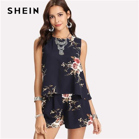 Buy Shein Floral Print Overlap Back Top And Shorts Set