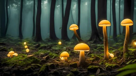 Premium Ai Image Magical Glowing Mushrooms In The Forest