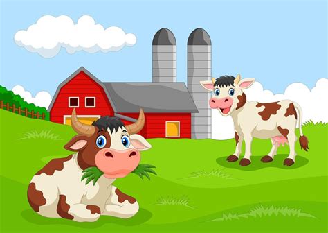 Funny cows with farm background 10195641 Vector Art at Vecteezy