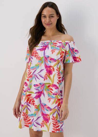 White Multicolour Leaf Print Bardot Dress Matalan