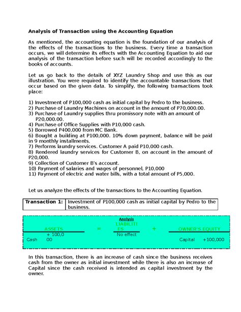 Exercises Analysis Of Transaction Using The Accounting Equation As