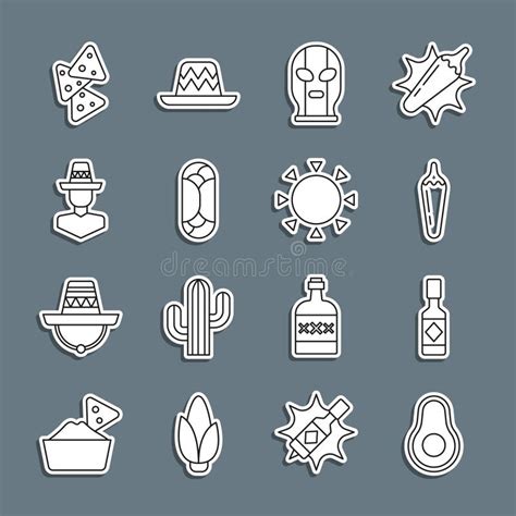 Set Line Avocado Fruit Tabasco Sauce Hot Chili Pepper Pod Mexican