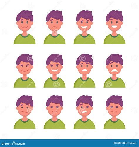 Set of Cartoon Character Faces with Different Emotions. Vector Stock ...