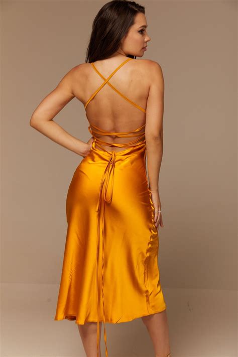 Orange Silk Slip Midi Dress Cowl Neck Lace Up Open Back Etsy