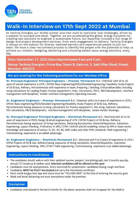 Technip Energies Walk In Interview For BE Chemical Electrical