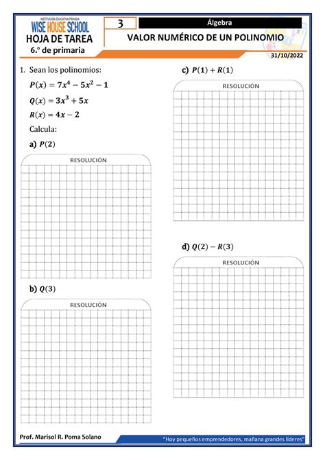 Tarea Valor Numerico De Un Polinomio Prof Marisol R Poma Solano