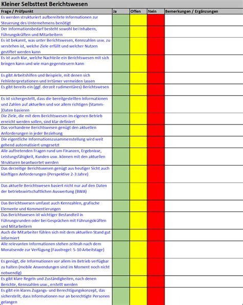 Checklisten für das Reporting Arbeitshilfe in Excel