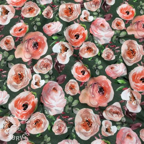 Lovely Wild Roses Floral Jersey Fabric Green Oeko Tex Per Half Metre