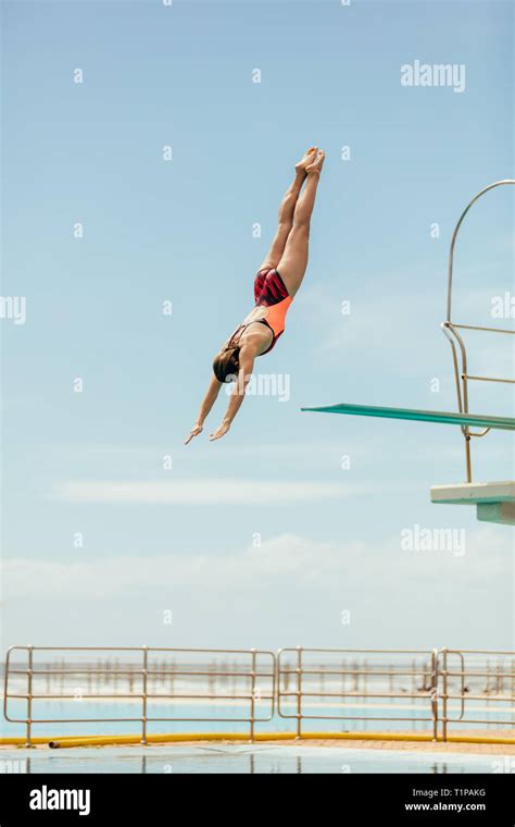 Woman Diving Into The Pool From Spring Board Female Diver Diving