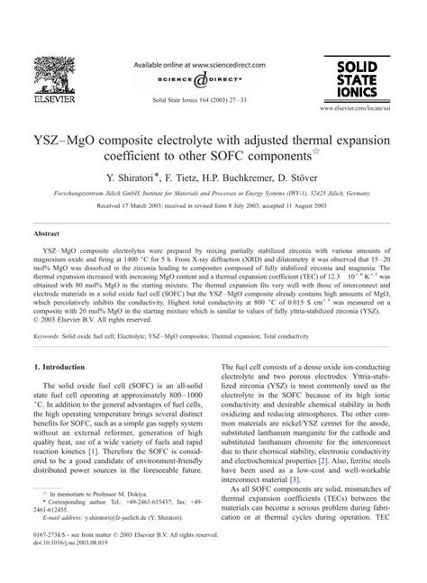 PDF YSZMgO Composite Electrolyte With Adjusted Thermal Expansion