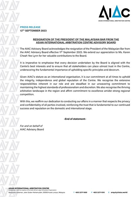 Aiac Press Release Resignation Of The President Of The Malaysian Bar