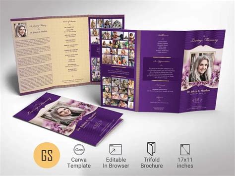 Loving Tabloid Trifold Funeral Program Template Canva Template Purple