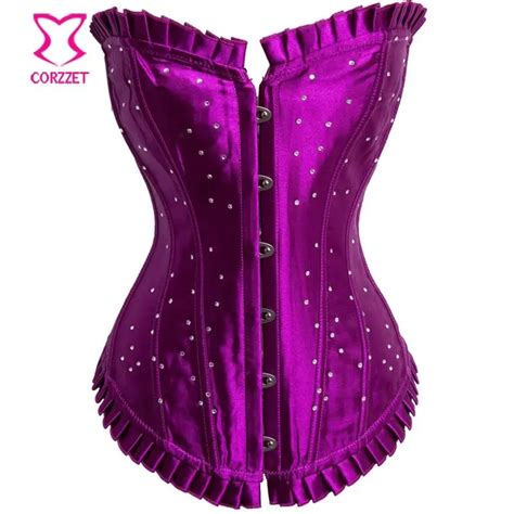 Purple Overbust Corset Women Satin Stud Rhinestone Bustier Top Cheap