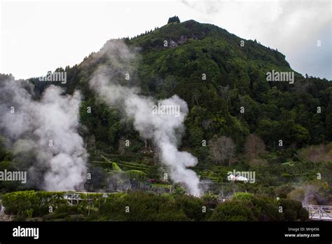 Steam Rising From Geothermal Hot Springs In Furnas Azores Stock Photo