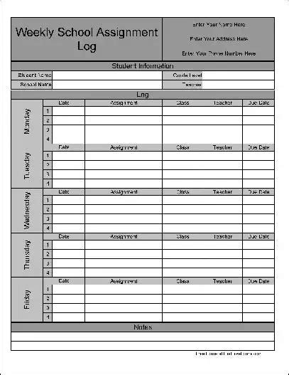 Free Personalized Wide Numbered Row Weekly School Assignment Log