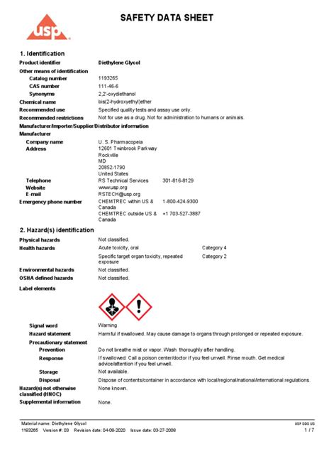 Sds Usp 1193265 Diethylene Glycol 5 X 02 Ml Pdf Personal