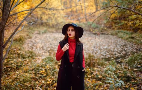 Wallpaper Autumn Look Leaves Trees Park Model Portrait Hat For