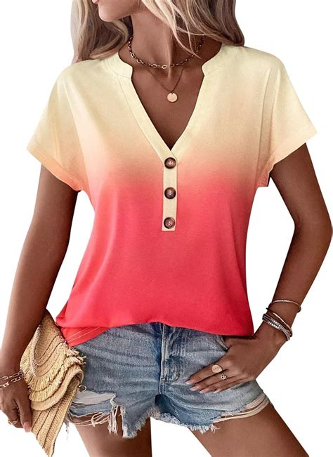 Eadinve Womens Tshirts V Neck Short Sleeve Buttons Tops Batwing Sleeve