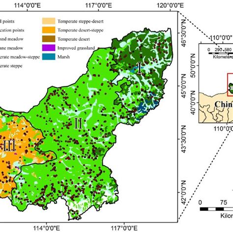 Spatial Distribution Of Grassland Types And Sampling Sites For Three