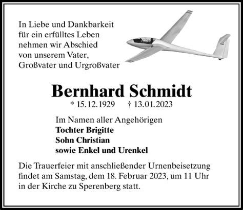 Traueranzeigen Von Bernhard Schmidt Trauer Anzeigen De