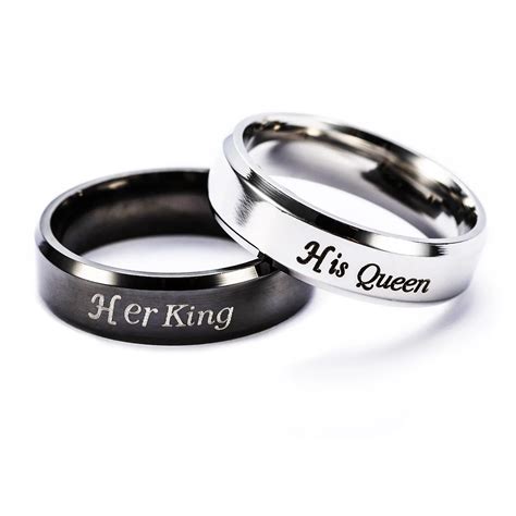 Fashion Jewelry Black Color Stainless Steel Couple Rings "Her King and His Queen" Engagement ...