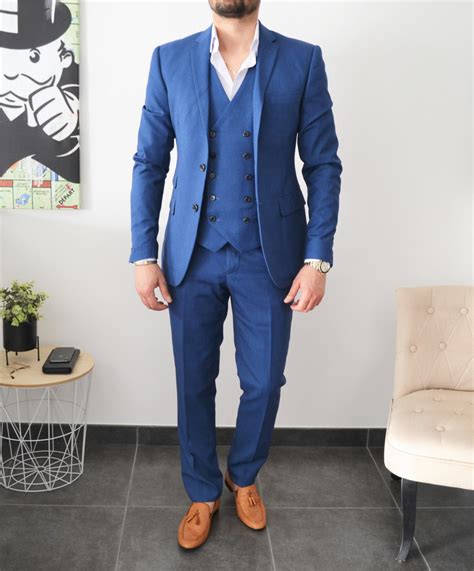 Costume Homme Bleu Slim Pi Ces Avec Gilet