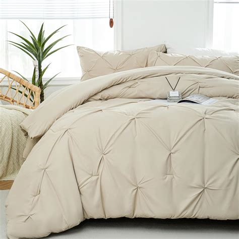 Downcool Full Size Comforter Sets Beige 3 Pieces Cute Pinch Pleat Bed Set Soft