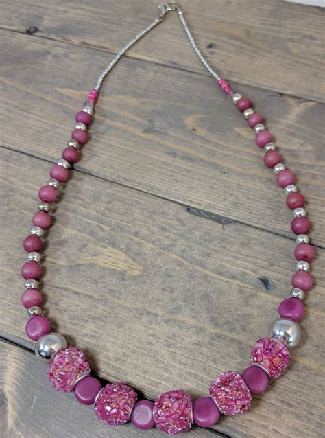 Pink Beaded Beads Silver Necklace Statement Necklace Matinee - Etsy