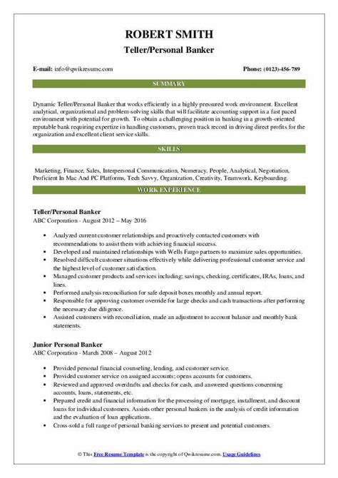 Personal Banker Resume Samples Qwikresume