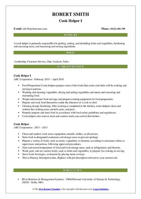 Cook Helper Resume Samples Qwikresume