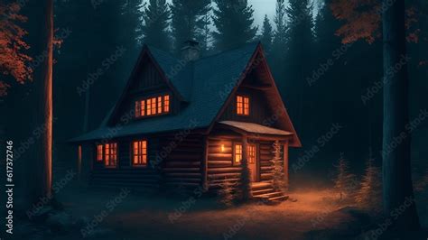 Haunted Cabin In The Woods Halloween Night Scene Generative Ai Stock