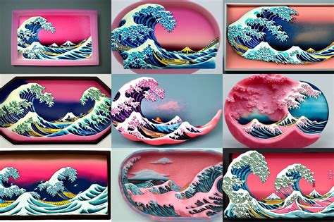 Carved Diorama Of The Great Wave Of Kanagawa With Pink Stable