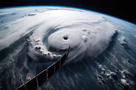 View Of Hurricane With The Eye In View And Clouds Swirling Around It