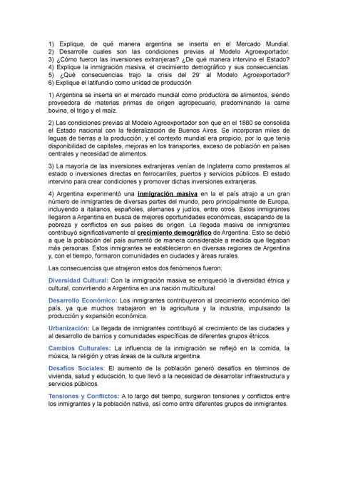 Unidad 3 Modelo Agroexportador Explique de qué manera argentina se