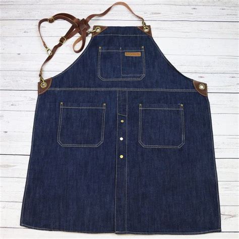 Barista Denim Long Apron With Cross Back Leather Straps Bartender