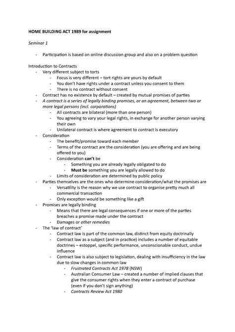 Contracts Notes Summary From LAWS1015 HOME BUILDING ACT 1989 For