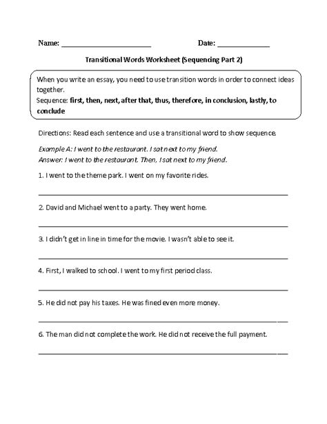 Transitional Words Worksheets Transitional Words Sequencing