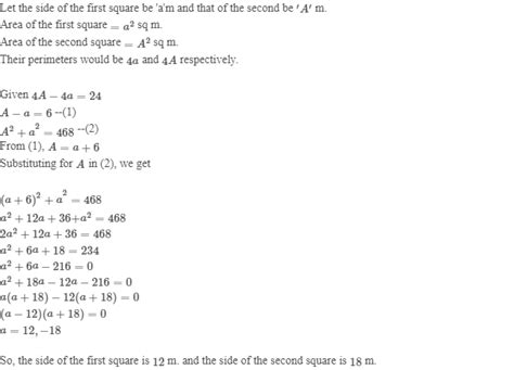 Question 11 Sum Of The Areas Of Two Squares Is 468 Mathrm M